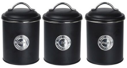 Excellent Houseware Keuken voorraad blikken - 3x stuks - zwart - suiker - thee - koffie - 11 x 16 cm