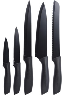 Excellent Houseware Keukenmessen - set 5 stuks - zwart - RVS - kunststof handvat