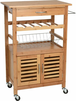Excellent Houseware Keukentrolley - met lade en kastje - bruin - bamboe hout - 90 x 74 x 38 cm - keukenkast