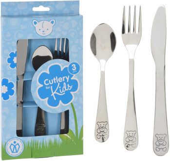 Excellent Houseware Kinder Bestekset Beer - 2x - blauw doosje - kraamcadeau - 3-delig - zilver - RVS - bestek voor kinde