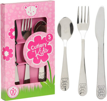Excellent Houseware Kinder Bestekset Beer - 2x - roze doosje - kraamcadeau - 3-delig - zilver - RVS - bestek voor kinder