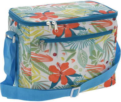 Excellent Houseware Kleine koeltas voor lunch Tropical Flowers blauw/creme 30 x 20 x 25 cm 12 liter - Koeltas