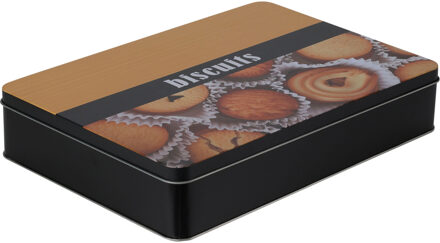 Excellent Houseware Koektrommel - biscuits - metaal - zwart/bruin - 26 x 19 x 5 cm - koekblik