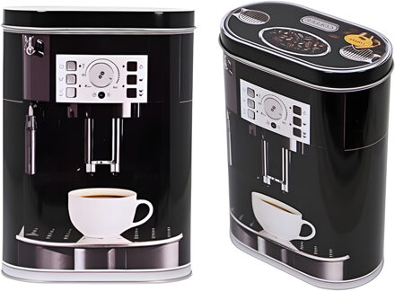 Excellent Houseware Koffie bewaarblik / bus - 2x - zwart - koffiemachine print - 14 x 7 x 19 cm