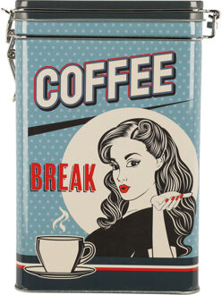 Excellent Houseware Koffie bewaarblik - metaal - retro print blauw - 13 x 8 x 18 cm - cups/bonen/filterkoffie