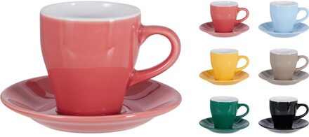Excellent Houseware Koffie kopjes met schotel - set van 6x - kleurenmix - 240 ml - koffiekopjes - ke