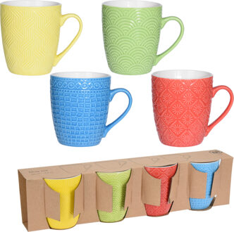 Excellent Houseware koffie/thee mokken - 8x - motief - porselein - 380 ml - Bekers Blauw