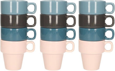 Excellent Houseware koffie/thee mokkeni¿½- 12x - stapelbaar- aardewerk - 180 ml - Bekers Blauw