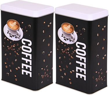 Excellent Houseware Koffieblik/bewaarblik - 2x - zwart - coffee print - 800 ml - rechthoekig