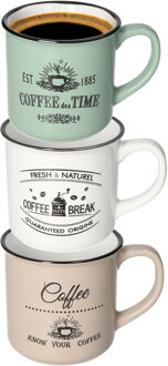 Excellent Houseware Koffiemok Cosy - set van 3x - groen / beige / wit - 330 ml - mokken - keramiek