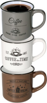 Excellent Houseware Koffiemok Cosy - set van 3x - wit / bruin / grijs - 330 ml - mokken - keramiek