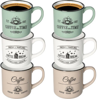 Excellent Houseware Koffiemok Cosy - set van 6x - groen / beige / wit - 330 ml - mokken - keramiek