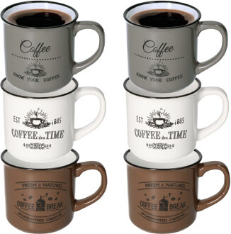 Excellent Houseware Koffiemok Cosy - set van 6x - wit / bruin / grijs - 330 ml - mokken - keramiek