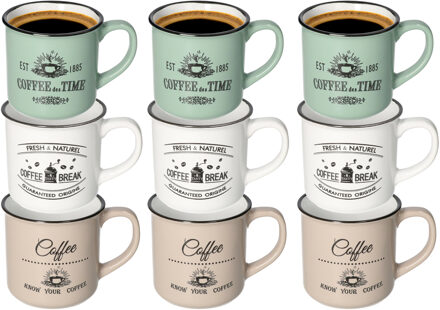 Excellent Houseware Koffiemok Cosy - set van 9x - groen / beige / wit - 330 ml - mokken - keramiek