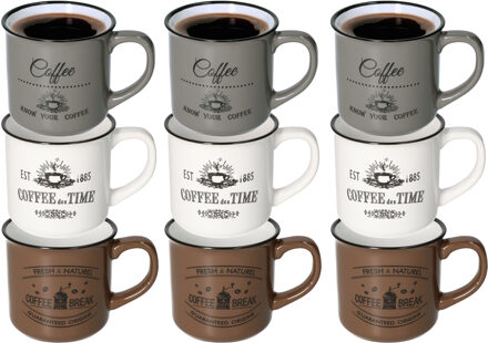 Excellent Houseware Koffiemok Cosy - set van 9x - wit / bruin / grijs - 330 ml - mokken - keramiek