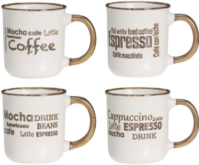 Excellent Houseware Koffiemokken set - 4x - bruin - 200 ml - mokken - met tekst - keramiek
