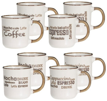 Excellent Houseware Koffiemokken set - 8x - bruin - 200 ml - mokken - met tekst - keramiek
