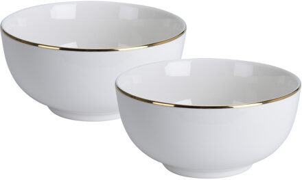 Excellent Houseware Kommetje/serveer schaaltje - 2x - wit met gouden rand - D14 x 7 cm - porselein - soepkommen