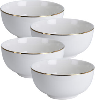 Excellent Houseware Kommetje/serveer schaaltje - 4x - wit met gouden rand - D14 x 7 cm - porselein - soepkommen