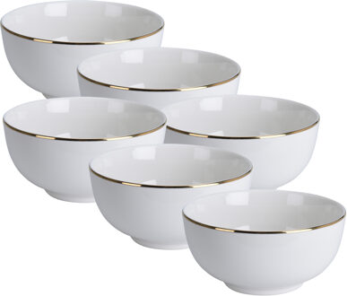 Excellent Houseware Kommetje/serveer schaaltje - 6x - wit met gouden rand - D14 x 7 cm - porselein - soepkommen