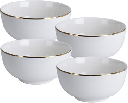 Excellent Houseware Kommetje/serveer schaaltje - 8x - wit met gouden rand - D14 x 7 cm - porselein - soepkommen