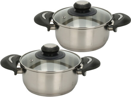 Excellent Houseware Kookpannen set - 2x - glazen deksel - RVS - 1.8/2.7 liter