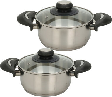Excellent Houseware Kookpannen set - 2x - glazen deksel - RVS - 2.7/5.4 liter