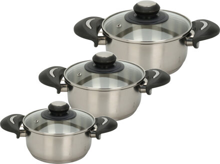 Excellent Houseware Kookpannen set - 3x - glazen deksel - RVS - 1.4/1.8/2.7 liter