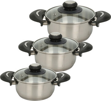Excellent Houseware Kookpannen set - 3x - glazen deksel - RVS - 1.8/2.7/3.5 liter