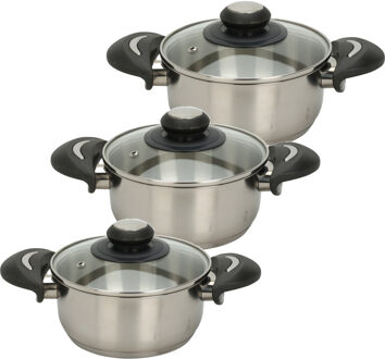 Excellent Houseware Kookpannen set - 3x - glazen deksel - RVS - 2.7/3.5/5.4 liter - Kookpannen Zilverkleurig