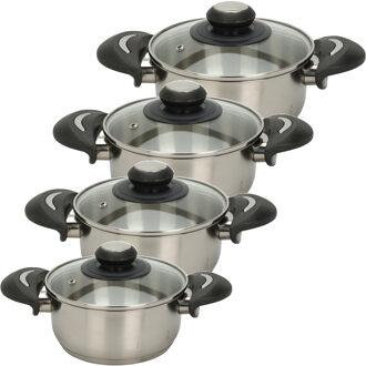Excellent Houseware Kookpannen set - 4x - glazen deksel - RVS - 1.8/2.7/3.5/5.4 liter