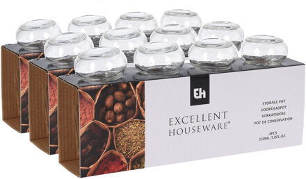 Excellent Houseware Kruidenpotjes/voorraadpotjes - 12 stuks - glas - 150 ml - Voorraadpot Transparant