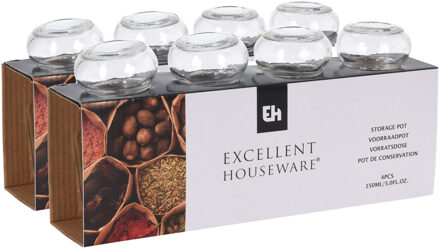 Excellent Houseware Kruidenpotjes/voorraadpotjes - 8 stuks - glas - 150 ml - Voorraadpot Transparant