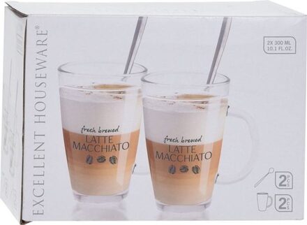 Excellent Houseware Latte macchiato glazen - set 2x - incl. lepels - glas - 300 ml - koffie glazen - Koffie- en theeglaz Transparant