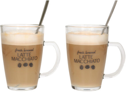 Excellent Houseware Latte macchiato glazen - set 2x - incl. lepels - glas - 300 ml - koffie glazen