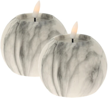 Excellent Houseware LED kaarsen/bolkaarsen - 2x st- rond - wit/grijs - marmer - D10 x H7,5 cm