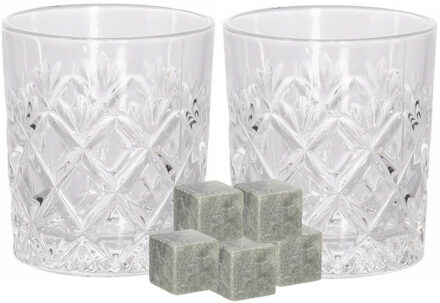 Excellent Houseware Luxe whiskyglazen set 6x stuks 200 ml met 9x whisky ijsblokstenen - Drinkglazen Transparant