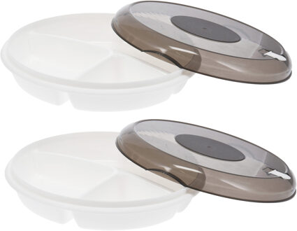 Excellent Houseware Magnetronschaal met vakjes - 2x - en deksel/ventiel - beige - kunststof - Dia 24 x H 6,5 cm