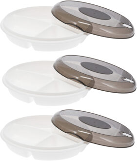 Excellent Houseware Magnetronschaal met vakjes - 3x - en deksel/ventiel - beige - kunststof - Dia 24 x H 6,5 cm