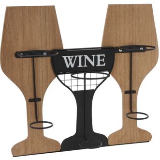 Excellent Houseware Metalen/houten wijnflessen rek/wijnrek in de vorm van 2 wijnglazen voor 3 flessen 35 x 15 x 31 cm - Wijnrekken Zwart