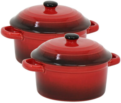 Excellent Houseware Mini stoofpannetje - Set van 2x stuks - ovenschaaltje - rood - 9 cm - porselein - serveerschaaltje