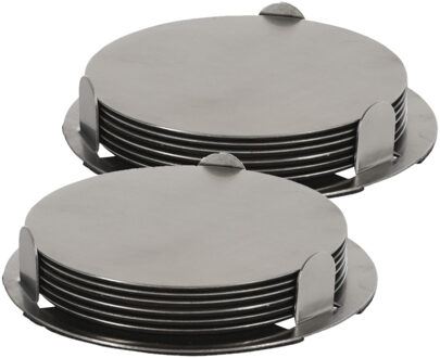 Excellent Houseware Onderzetters - 12x st - zilver - D8,5 cm - RVS - met houder - glazen onderzetters