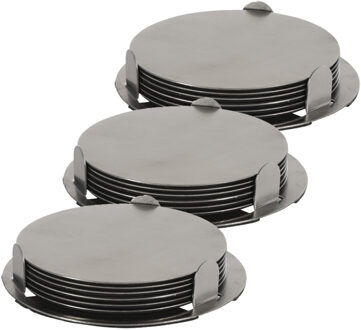 Excellent Houseware Onderzetters - 18x st - zilver - D8,5 cm - RVS - met houder - glazen onderzetters