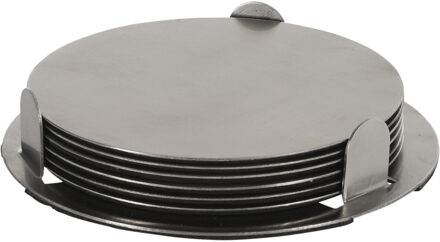 Excellent Houseware Onderzetters - 6x st - zilver - D8,5 cm - RVS - met houder - glazen onderzetters