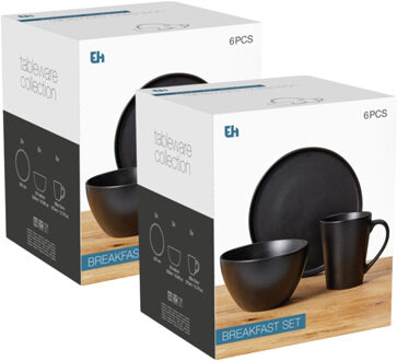 Excellent Houseware Ontbijt Servies set - 12-delig - zwart - keramiek - tafelservies - 4 personen