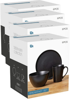 Excellent Houseware Ontbijt Servies set - 24-delig - zwart - keramiek - tafelservies - 8 personen