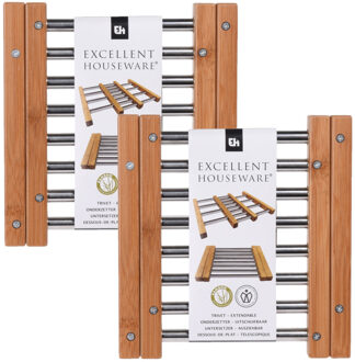 Excellent Houseware Panonderzetter - Set van 2x stuks - uitschuifbaar - 21 x 22 cm - bamboe en rvs
