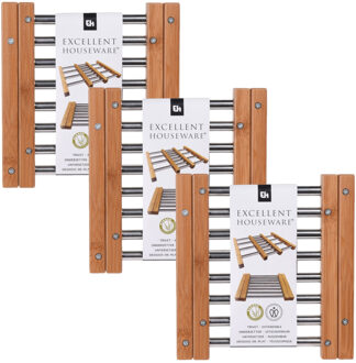 Excellent Houseware Panonderzetter - Set van 3x stuks - uitschuifbaar - 21 x 22 cm - bamboe en rvs