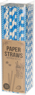 Excellent Houseware Papieren drinkrietjes - 100x - blauw - 20 cm