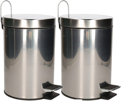 Excellent Houseware Pedaalemmer/prullenbak/vuilnisbak - 2x - 3 liter - zilver - RVS - 17 x 25 cm